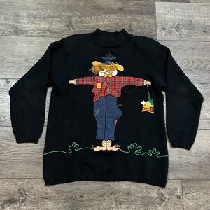Vintage 80s Shenanigans Grandmacore Sweater Scarecrow Embroidered Knit Medium